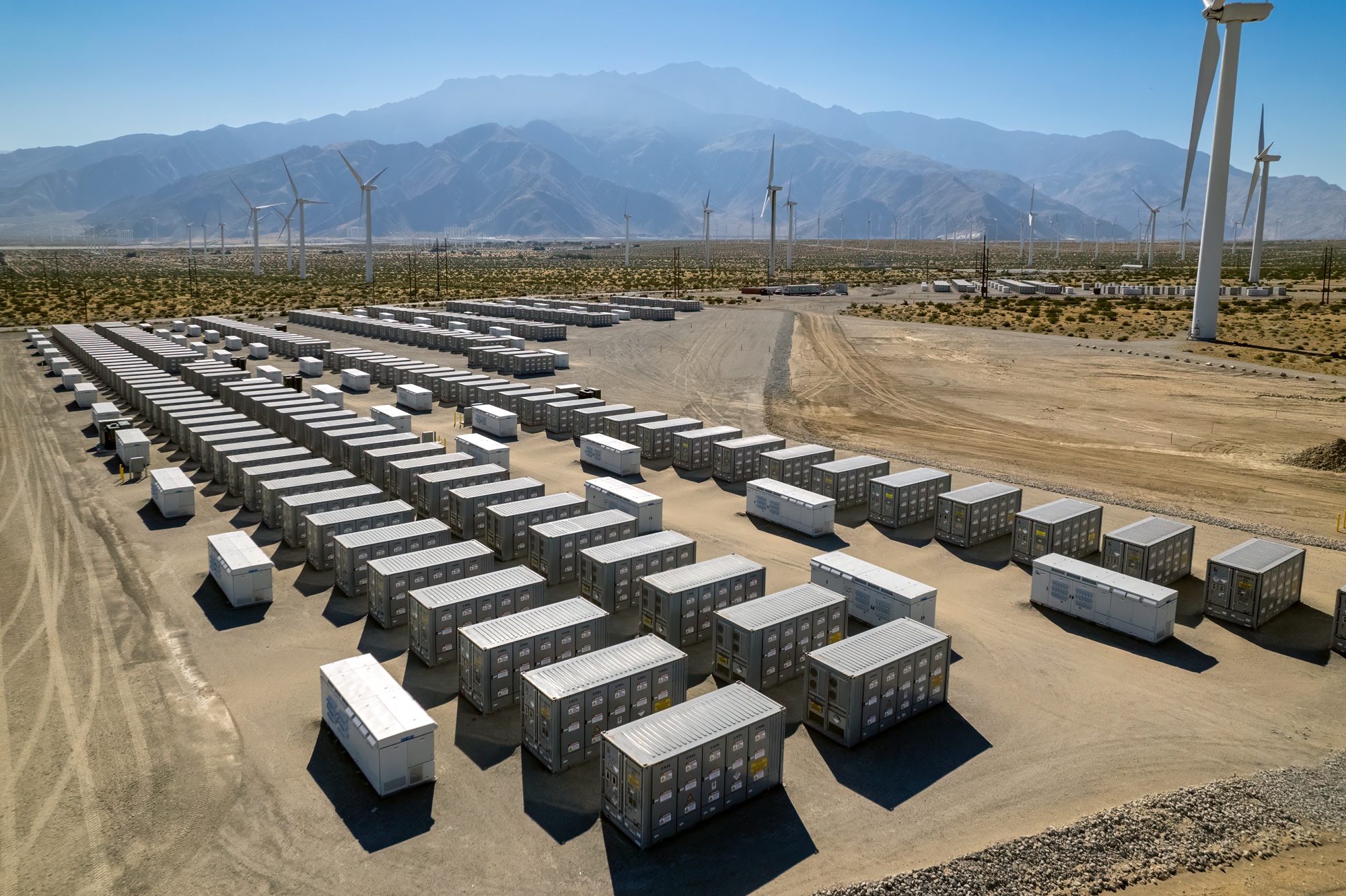 Battery storage array at power plant in the desert