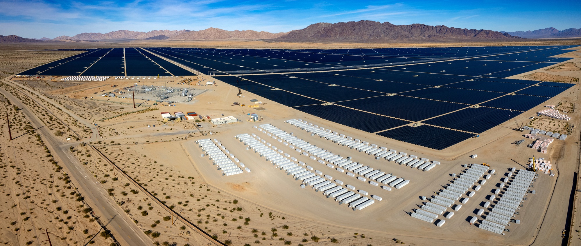 Aerial view of solar power and battery storage units in the desert